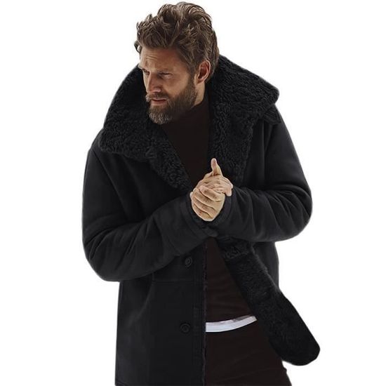 Funmoon Hiver Veste en peau de mouton hommes laine chaude