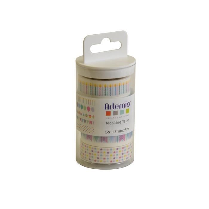 ARTEMIO Lot de 5 rouleaux de masking tape 5 m x 15 mm - Thème Anniversaire