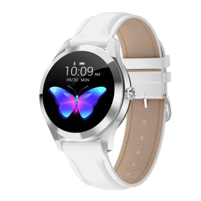 Cuir Montre Connectée Femmes Homme Enfant Bracelet Connecté Cardio-Etanche IP68-Sport-Marche pour Android iOS,Blanc