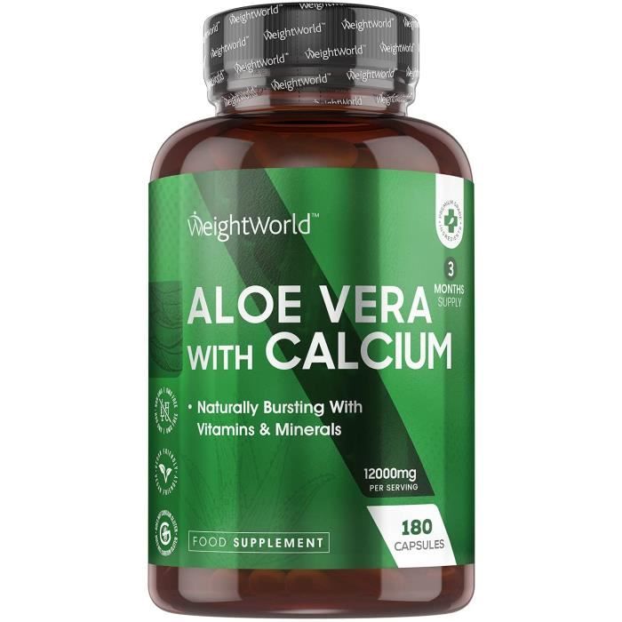 Aloe Vera Extra Fort + Calcium – 180 Gélules 100% Naturelles Vegan WeightWorld - Complément Alimentaire Aloe Vera Barbadensis 12000