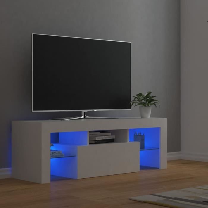 3990BEL® Meuble TV Vintage Design-Armoire TV avec lumières LED,Banc TV,Table Salon Blanc 120x35x40 cm