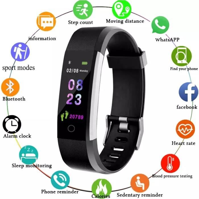 115 Plus étanche Bracelet intelligent Sport fréquence cardiaque moniteur de pression artérielle Fitness Tracker - Noir