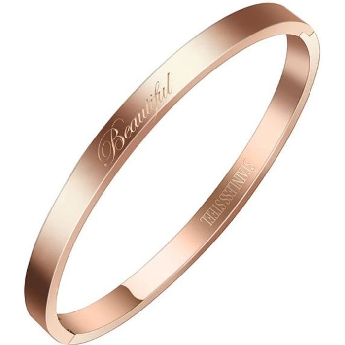 AURSTORE® Bracelet Jonc Fin en Acier Inoxydable 316L avec Message(Beautiful) Largeur 4 mm(OR ROSE)