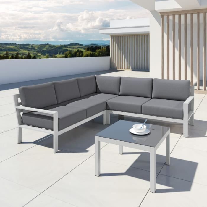 Salon de jardin en aluminium d'angle design aluminium - Blanc Gris - MIO