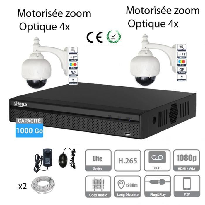 Kit vidéosurveillance 1To DAHUA Full HD 2 caméras dômes extérieure motorisées avec Zoom 4X