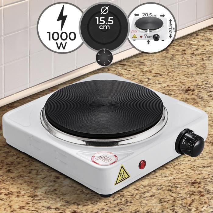 Jago® Plaque de Cuisson - Portable, 1000 W, Ø 15.5 cm, en Acier, Blanc - Plaque Chauffante Électrique, Réchaud, Table de Cuisson