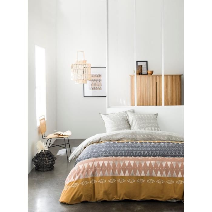 TODAY Parure de couette 220x240 + 2 taies d'oreiller 65x65 cm - 100% Coton - Gris Ethnique SUNSHINE 4.21 TODAY
