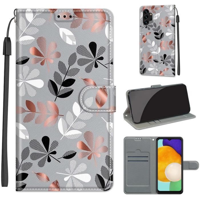 élégant Housse Etui Pour Samsung Galaxy A13 4G Magnétique flip Fleur grise GAN