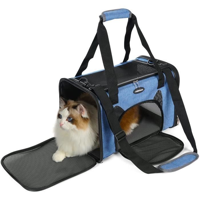 Rabbitgoo Sac Transport Chat Chien, Caisse Transport Pliable à 4 portes, avec Tapis Doux pour Petit Chat et Chiot, 42×27×27cm Bleu