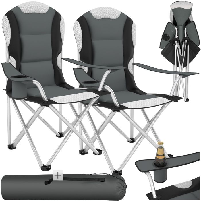 TECTAKE Lot de 2 Chaises de Camping pliables avec Porte Gobelet et Housse Sac de Transport Gris Noir