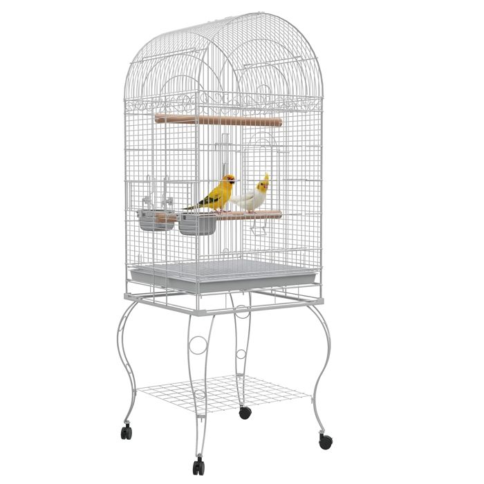 Cage à oiseaux sur roulettes - PawHut - étagère plateau amovible 2 bols perchoir acier inoxydable - 51 x 51 x 153 cm - blanc