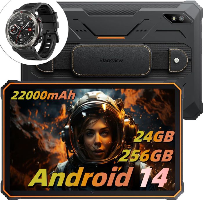 Blackview Active 8 Pro Tablette Incassable 10.36 2.4K FHD+ 24Go+256Go 22000mAh(33W) 48MP+16MP Android 14 Orange Avec W50Pro Noir
