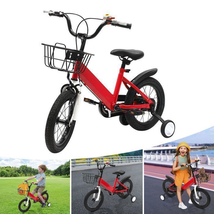 Tagowao Vélo pour enfant de 14 pouces avec roues stabilisatrices, avec panier, léger, hauteur réglable, neutre pour garçons et filles, rouge