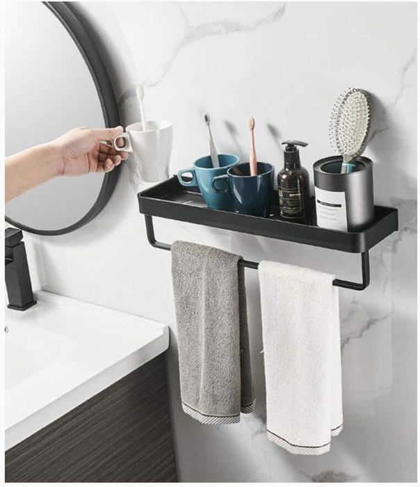 Porte-Serviettes étagère carrée Salle de Tablette avec Towel et Mur montées sur RailNoir30cm