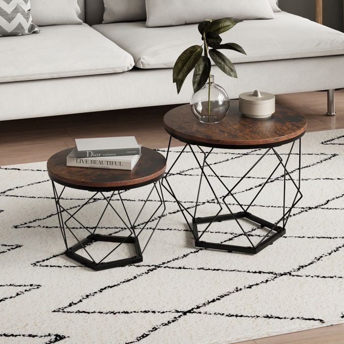 Lot De 2 Tables Basses Gigognes LIFA LIVING - Rondes Bois & Métal Noir Design Industriel