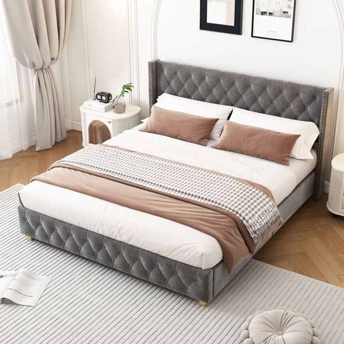 Lit 140x190 cm avec Sommier à Lattes et TêTe de Lit Lit Double en Velours avec Pieds en Bois Lit Rembourré Lit Double Gris