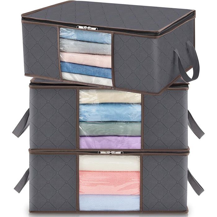 Lot de 3 Sac de Rangement Vetement 35L Boîte de Rangement sous lit Pliable Housse Rangement Couette Organisateur de Placard Gris