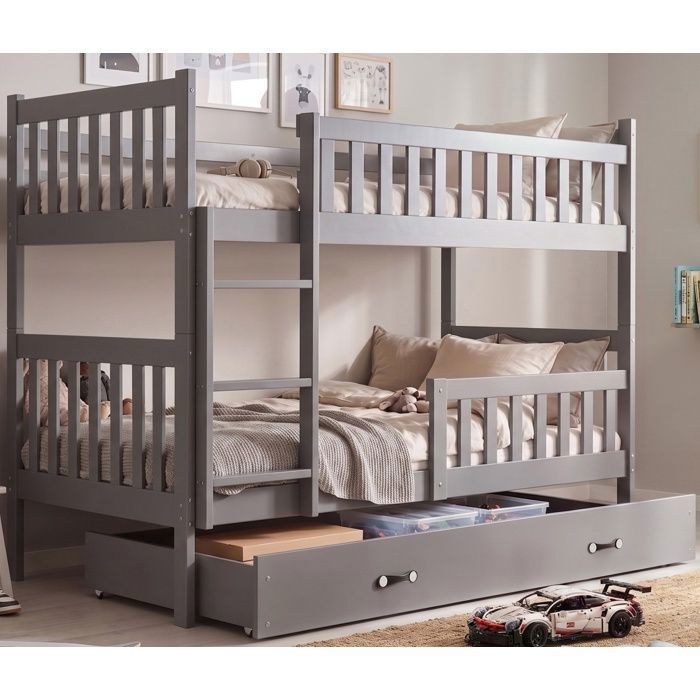 Lit superposé QUBA 90x200 Bois Massif Pin Barrière de sécurité Sommier Tiroir Séparable en 2 lit (Gris+Blanc) Interbeds