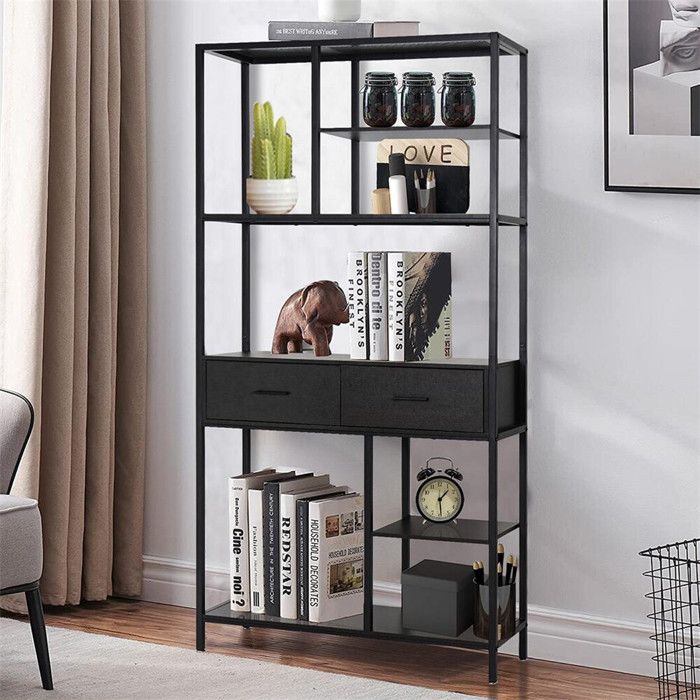 Bibliothèque Industrielle à 5 Niveaux 90x30x180cm - Étagère de Rangement en Bois et Métal