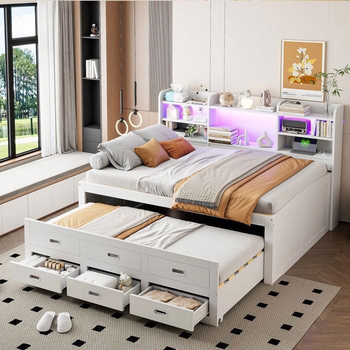 Lit Gigogne 90x200 Cm , Lit Double Avec Lit 90x190 Cm Coulissant Et Port USB, Tissu Flanelle Gris Fonce Rangements Integres Sans Matelas 98501470