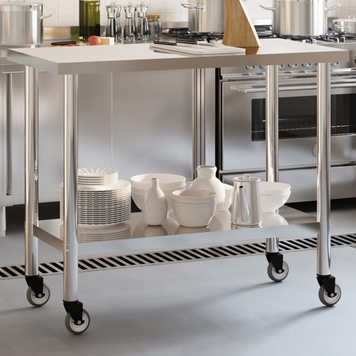 BEST-HOME Table de travail de cuisine Étagère de rangement - plan de travail - avec roues 110x55x85cm inox kvci32429