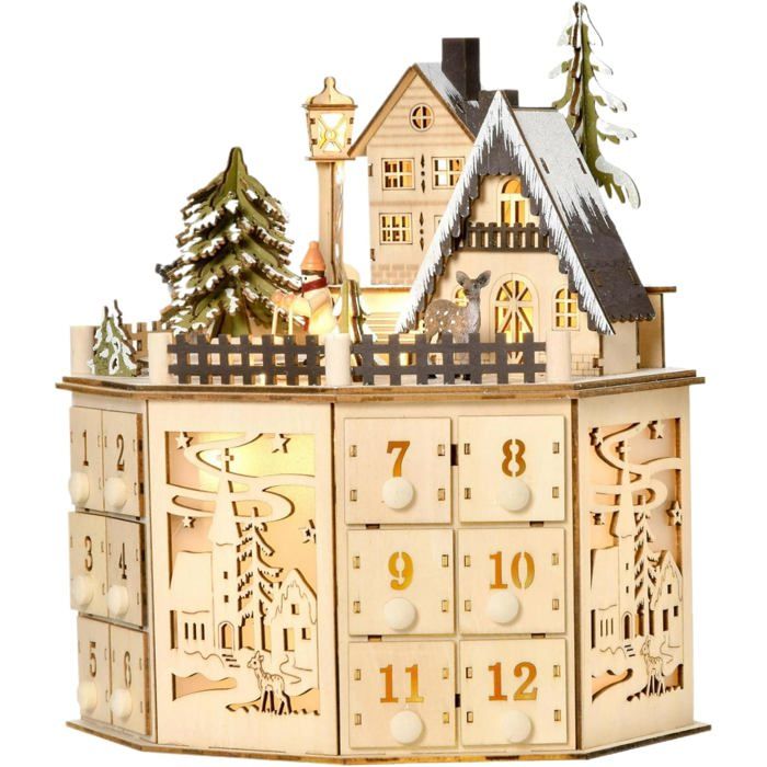 Calendrier de l'Avent en bois avec lumières LED, 24 tiroirs de rangement pour enfants, décoration de Noël, 25,3 x 6 x 29,5 cm