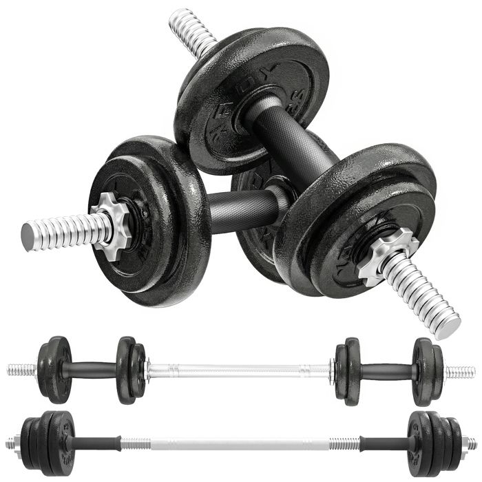 Ensemble dhaltères - SPORTNOW - 2-en-1 - 20 kg poids réglable - avec barre dextension poignée antidérapante - acier - noir