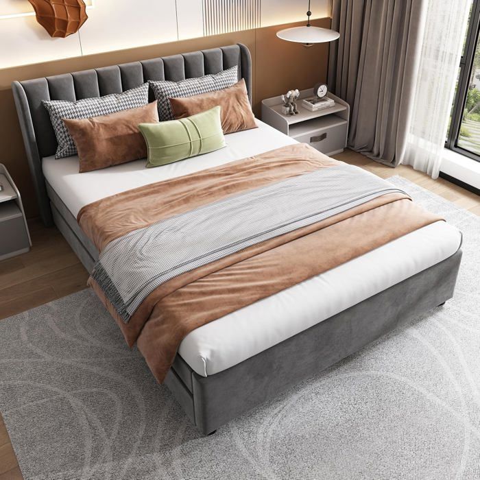 Lit Coffre 140x200 avec sommier à Lattes et 2 tiroirs lit 2 Personnes lit capitonné avec rangements lit Double Velours Gris