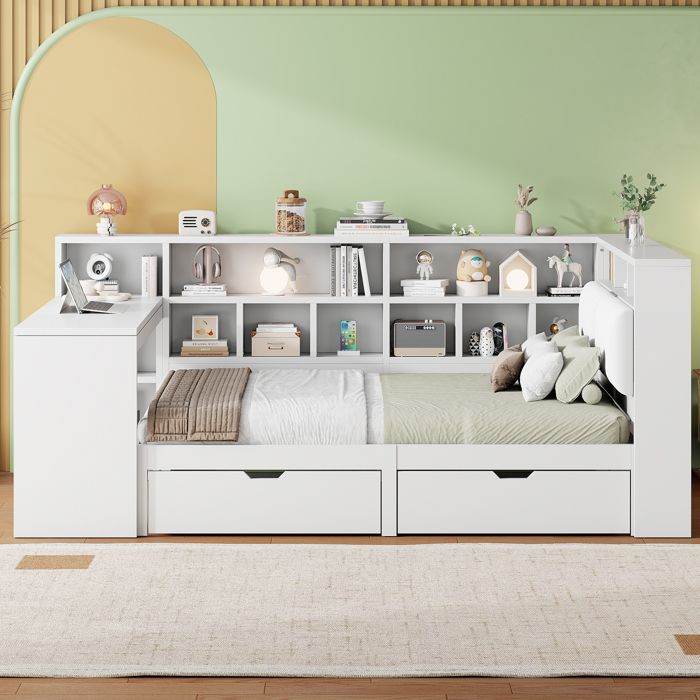 Lit coffre 140 x 200 cm lit plateforme en bois en forme de L lit capitaine dangle avec bureau tiroirs et éclairage LED blanc