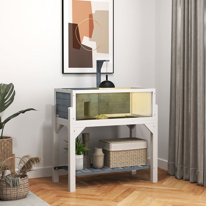 Maison pour tortues terrarium tortue terrestre sur pieds 2 zones toit ouvrant zone interactive 845 x 475 x 90 cm gris