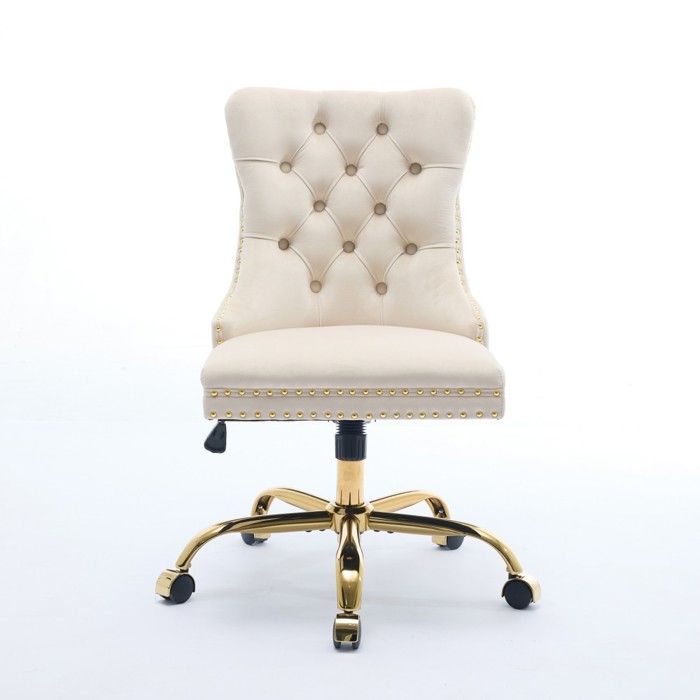Chaise bureau design velours beige pivotante réglable base or 63x50x98cm - Bureau domicile moderne Chaise bureau design velours beige pivotante réglable base or 63x50x98cm - Bureau domicile moderne