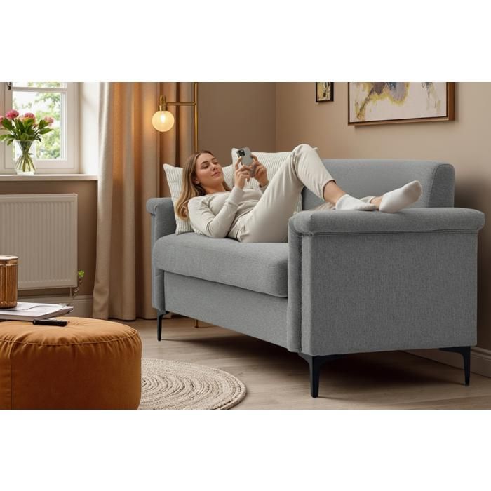 Canapé 2 places scandinave gris clair en lin structure bois massif pieds métal 172 cm