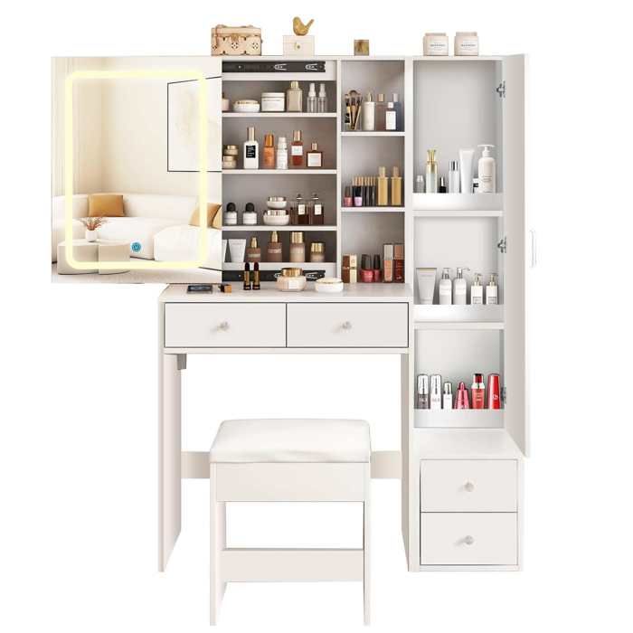 Coiffeuse Moderne avec Miroir LED Réglable 4 Tiroirs Tabouret Table de Maquillage Rangement 100×40×142cm