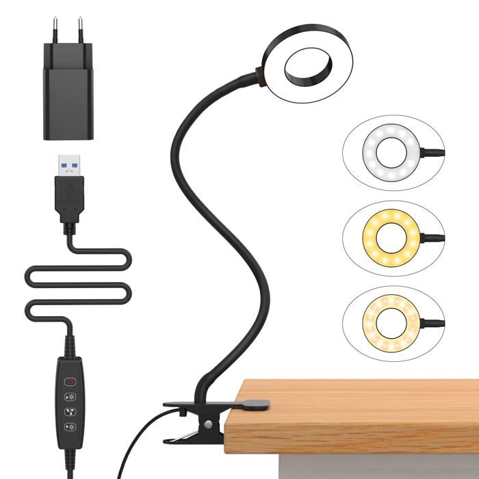10W Lampe de Bureau à Pince avec Adaptateur USB[3 Modes d’Éclairage &10 Niveaux de Luminosité] Flexible à 360°[Classe énergétique F]