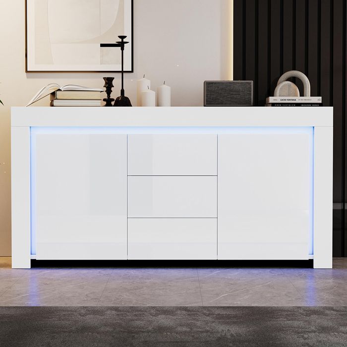 Armoire de salon - Meuble 140x40x65 cm - 2 portes - 3 tiroirs - LED contrôlable via appli
