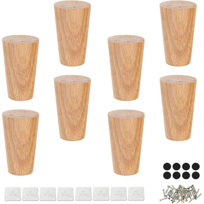 Pieds de meuble en bois massif - PZCC - 8 pièces - 8 cm - Bois dhévéa - Plaque de fixation incluse - Vis incluses
