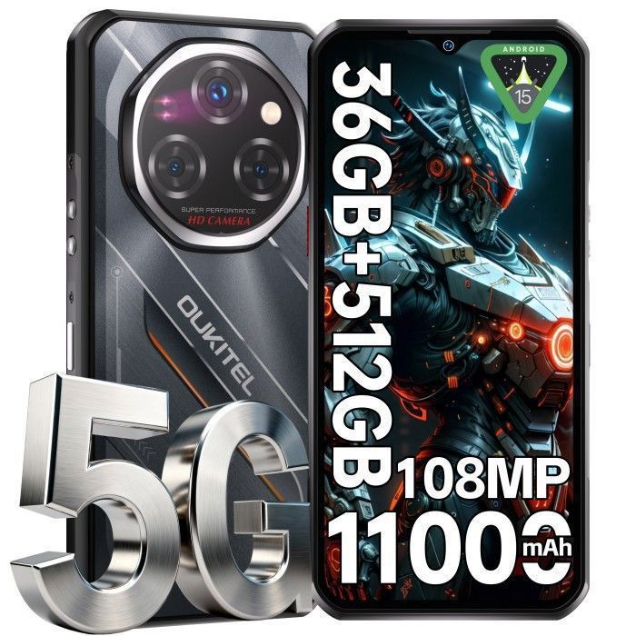 OUKITEL WP62 5G Portable Incassable 36Go+512Go/2To 6 6 FHD+ 120Hz 108MP+32MP+8MP Android 15 11000mAh+33W IP68/NFC/OTG Nior
