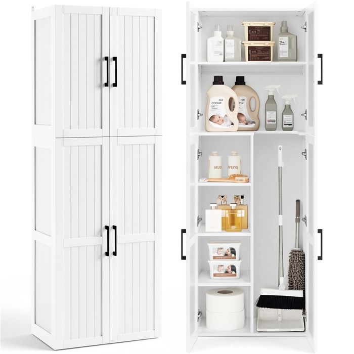 Yaheetech Meuble de Rangement Haut 60 cm Compartiment Aspirateur Étagères Réglables Colonne 4 Portes Blanc