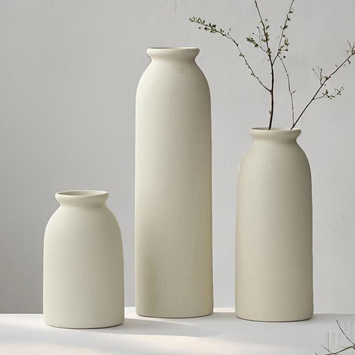 25 cm - Lot de 3 petits vases en céramique pour la décoration - Orange jaune blanc (beige) Beige Grand