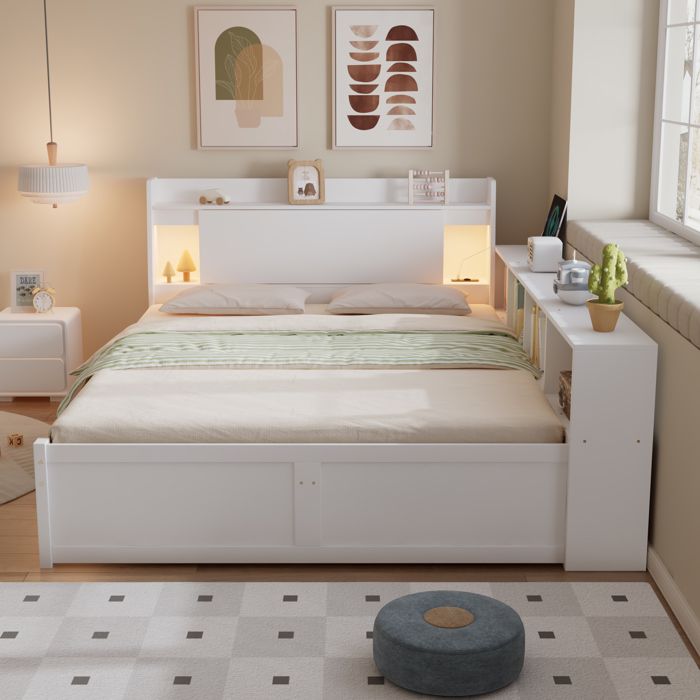 Lit double tête de lit avec rangements et 2 lampes prise de recharge meuble de rangement latéral et tiroir blanc 140 x 200 cm