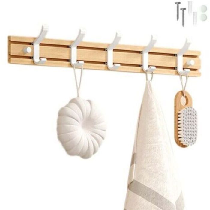 Porte Manteau Bambou Mural Patères 5 Crochets pour Suspendre Vêtements Peignoirs Serviettes Manteaux Crochet Mural pour Entrée