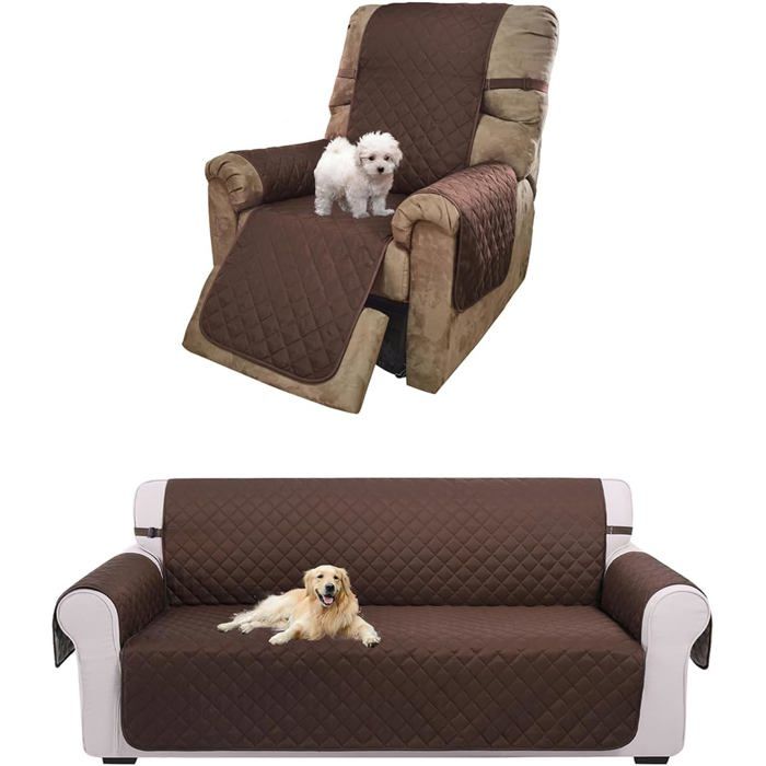Housse Canapé et Fauteuil Réversible Imperméable Matelassée Antiglisse Ensemble Sofa+Chair Café