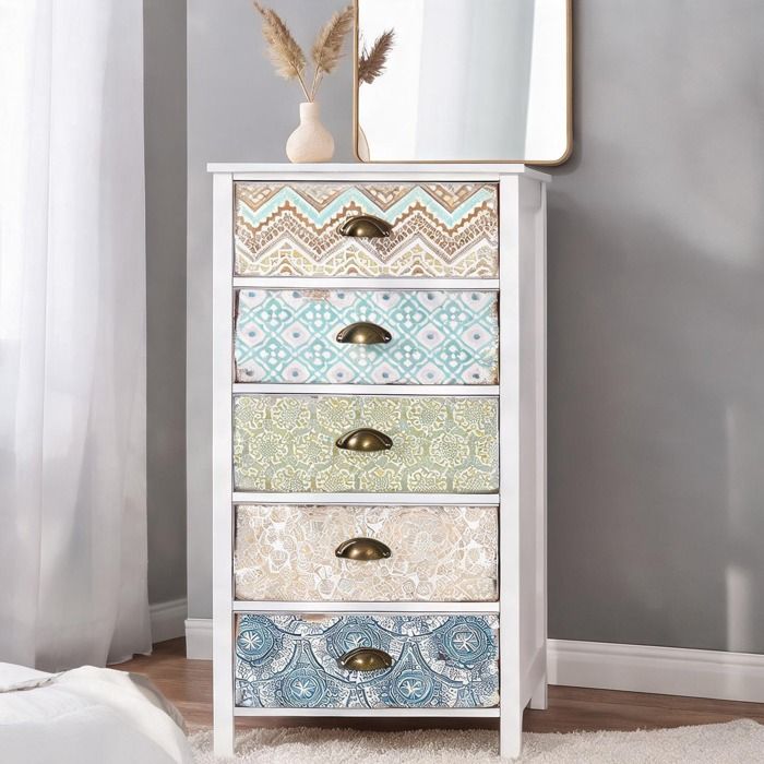 Petit meuble de rangement 5 tiroirs en MDF multicolore style shabby chic 46 x 34 x 975 cm