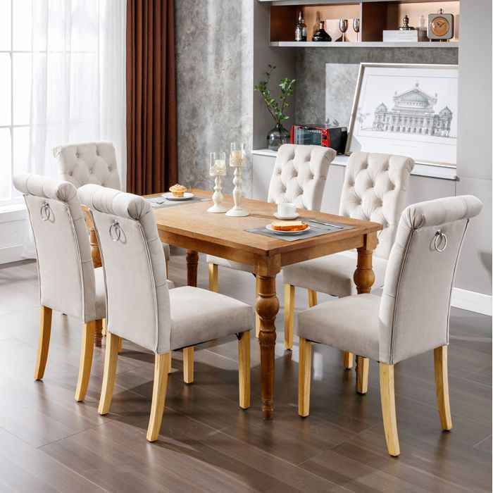 COVREO Lot de 6 chaises de salle à manger en velours beige dossier capitonné pieds en chêne