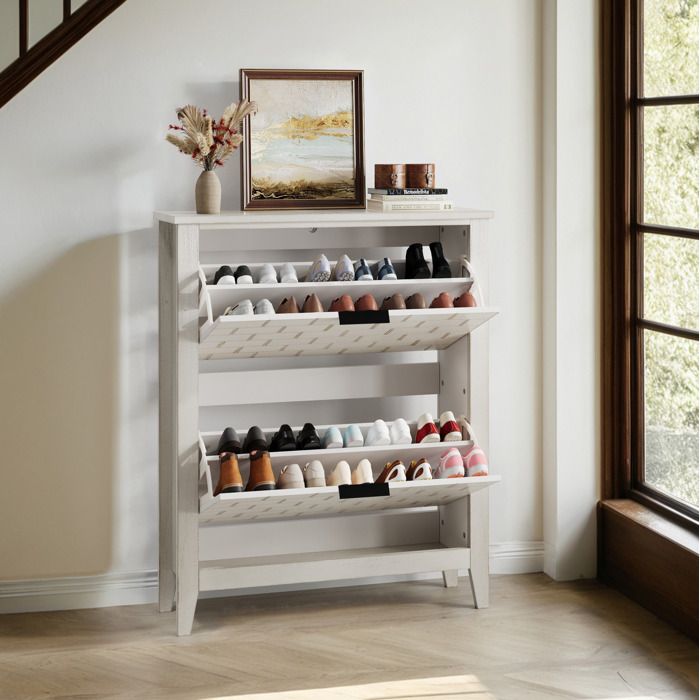 COVREO meuble à chaussures vintage 80 cm blanc avec 2 abattants en MDF et pieds en bois massif