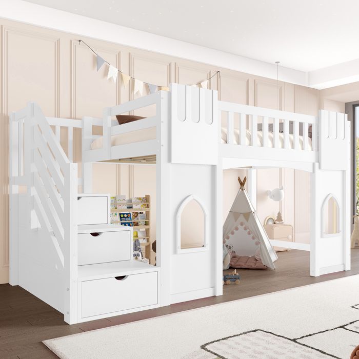 Lit cabine 90x200 en bois blanc : escalier rangement 2 fenêtres garde-corps et sommier fourni