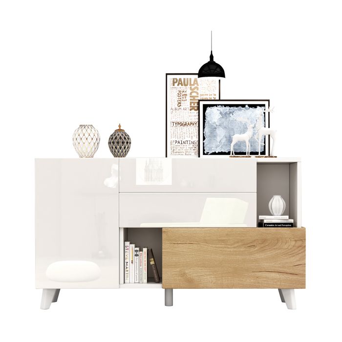 Buffet bas avec 2 portes 2 tiroirs et niches ouvertes pour salon ou salle à manger en panneaux de particules 130×40×70 cm