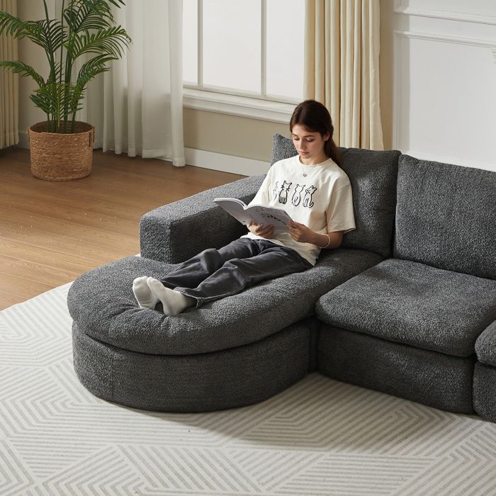 Canapé dangle modulable AESVAR 3 places avec méridienne réversible chenille grise sans montage