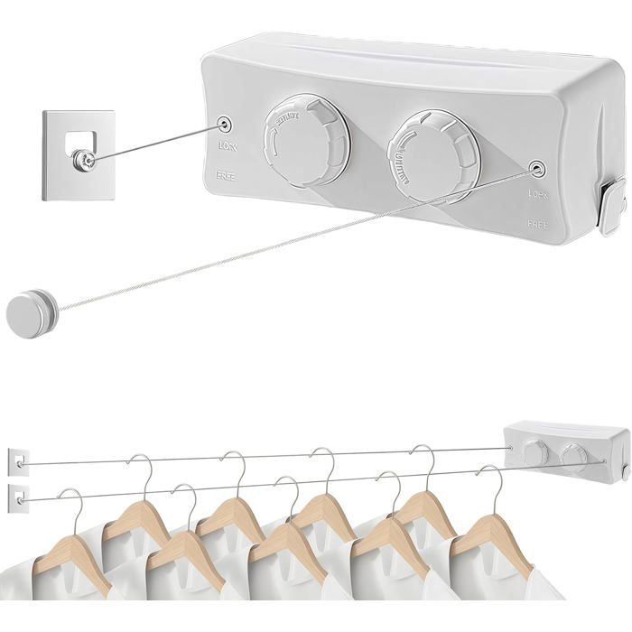Étendoir à linge rétractable 2 x 51 m intérieur et extérieur - acier inoxydable 304 - 44 livres - blanc - gain de place