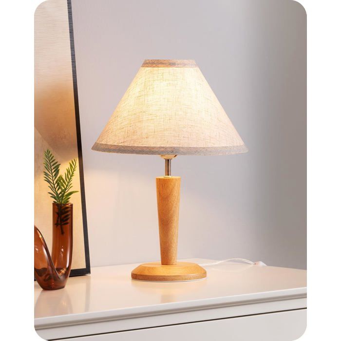 Lampe De Table En Bois Lampe De Chevet Led Avec Abat-Jour En Lin Douille E27 Lampe Vintage 2700K Pour Salon Chambre Et B[LL375]